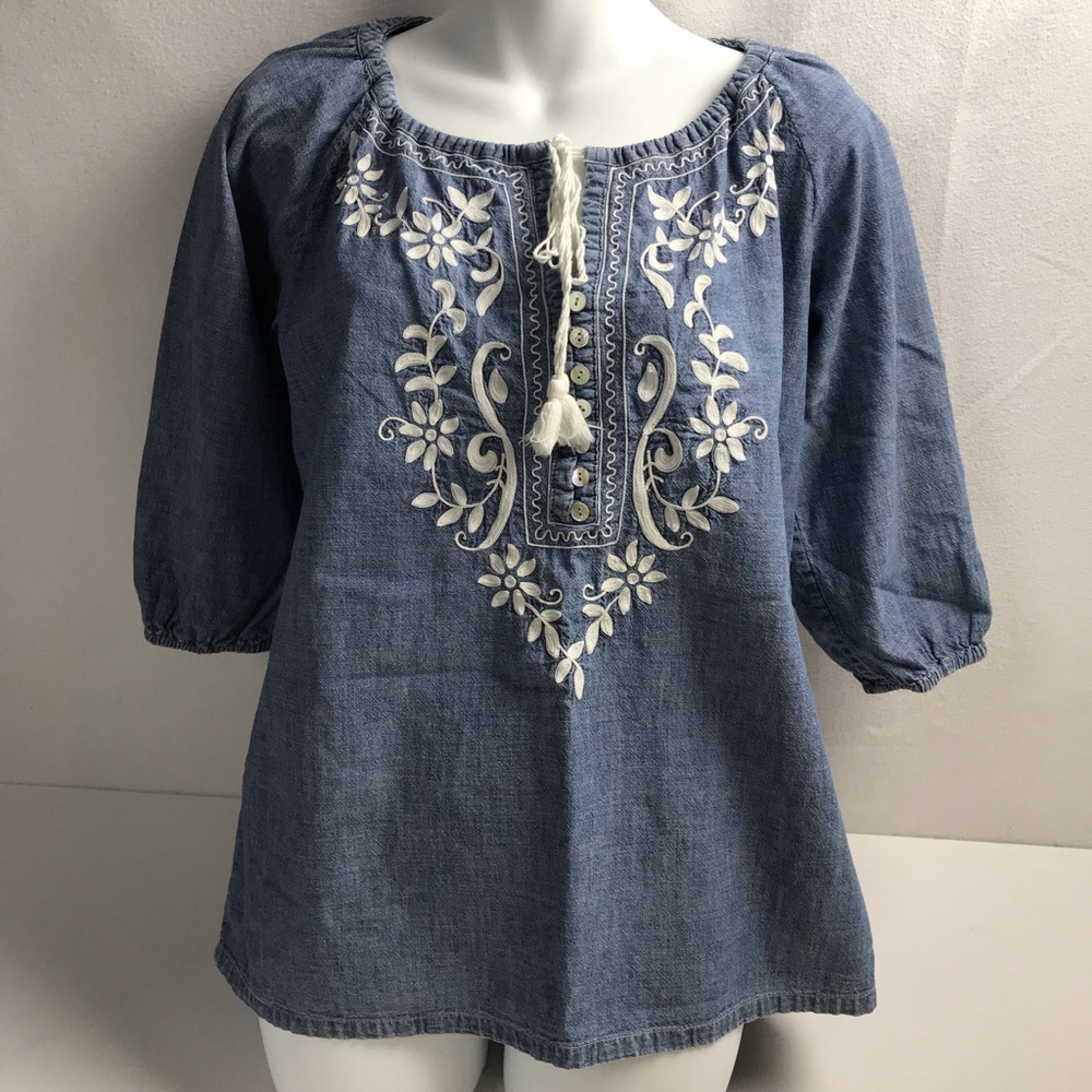 Tommy Bahama Blue Embroidered‎ Tassel Tunic Top XS